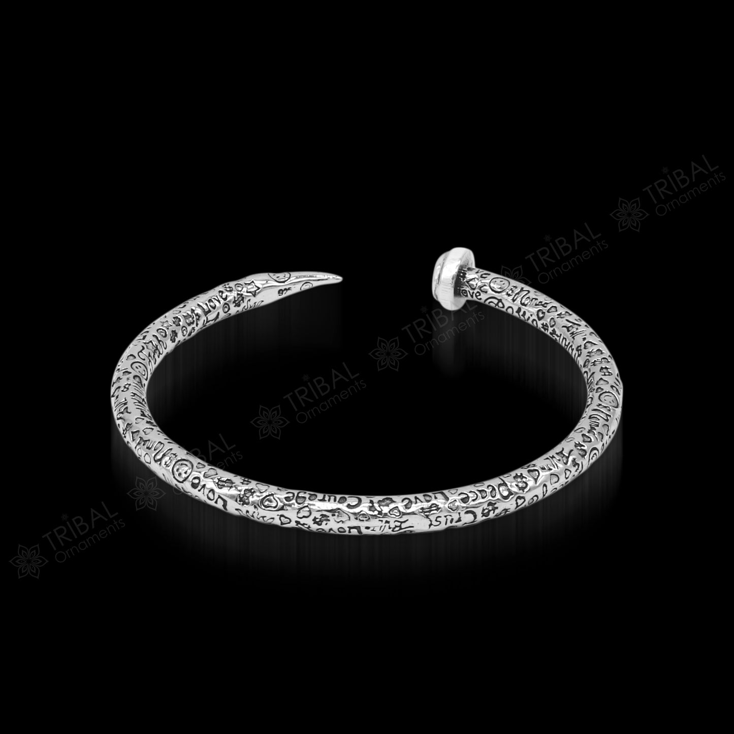 Sterling silver handmade adjustable cuff bracelet with printed text, unisex design, tribal ornament jewelry, solid silver kada style