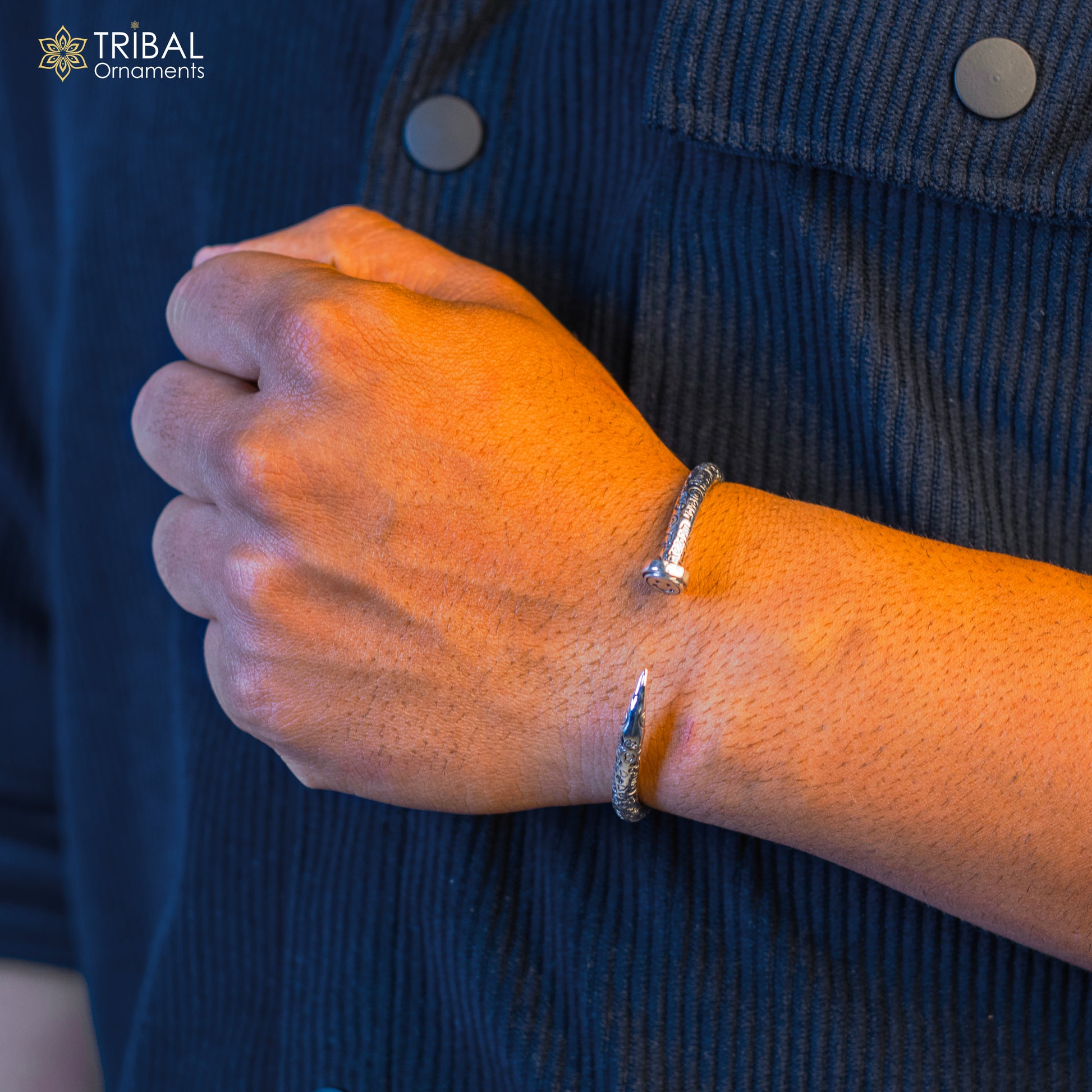 Sterling silver handmade adjustable cuff bracelet with printed text, unisex tribal jewelry, solid silver kada design.