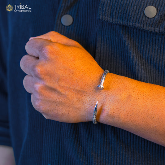 Sterling silver handmade adjustable cuff bracelet with printed text, unisex tribal jewelry, solid silver kada design.