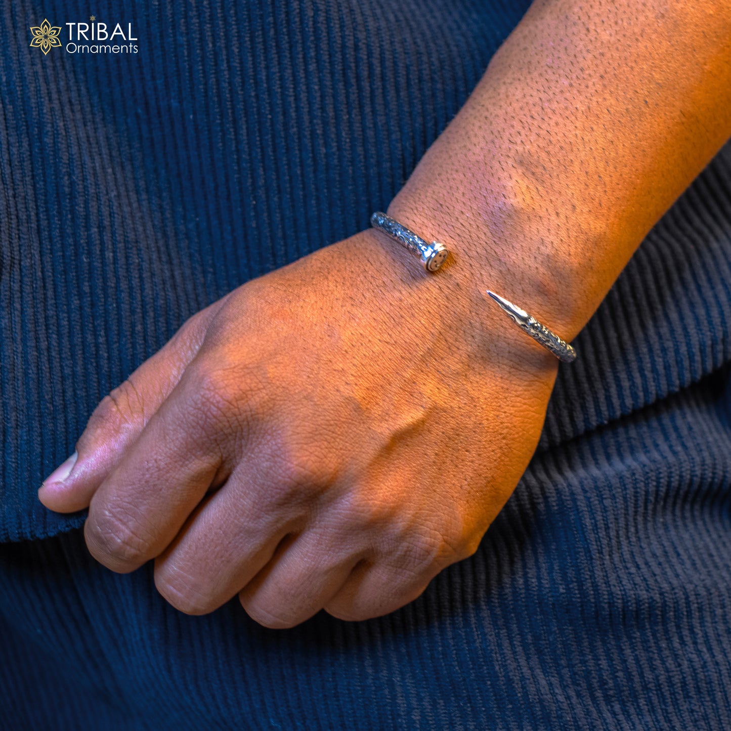 Handmade 925 sterling silver adjustable cuff bracelet with printed text, unisex tribal jewelry design for gifting or everyday wear.