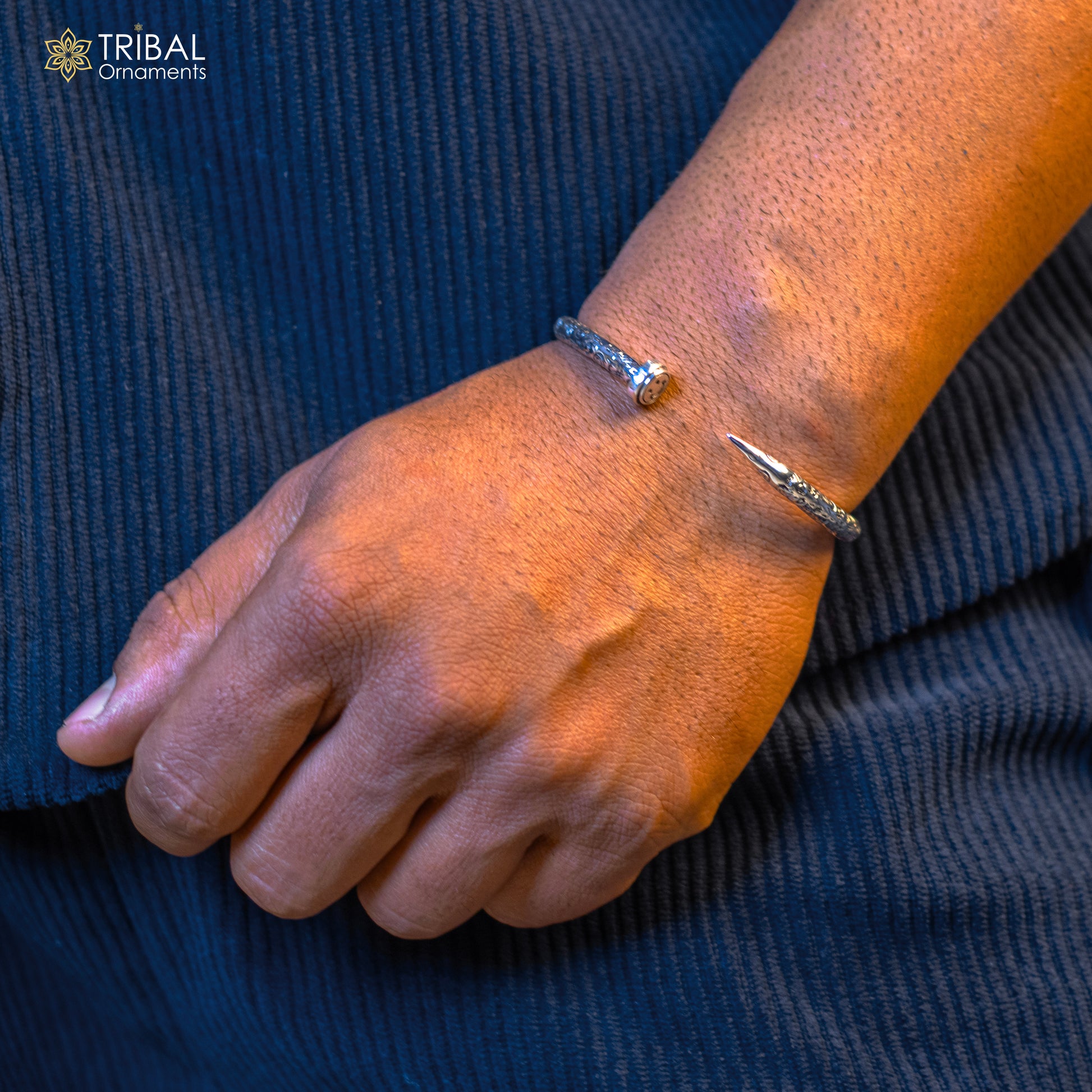 Handmade 925 sterling silver adjustable cuff bracelet with printed text, unisex tribal jewelry design for gifting or everyday wear.