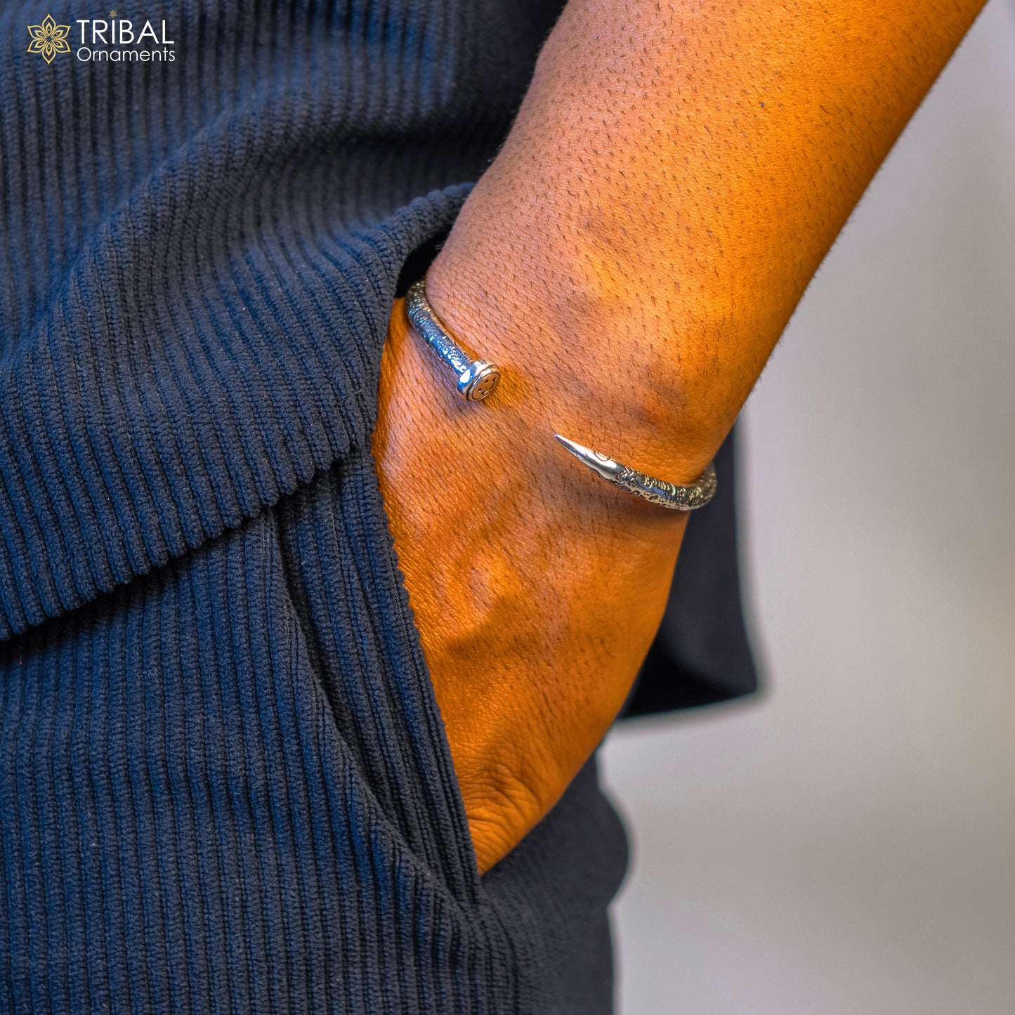 Sterling silver handmade adjustable cuff bracelet with printed text, unisex design, tribal-inspired jewelry by TRIBAL ORNAMENTS.