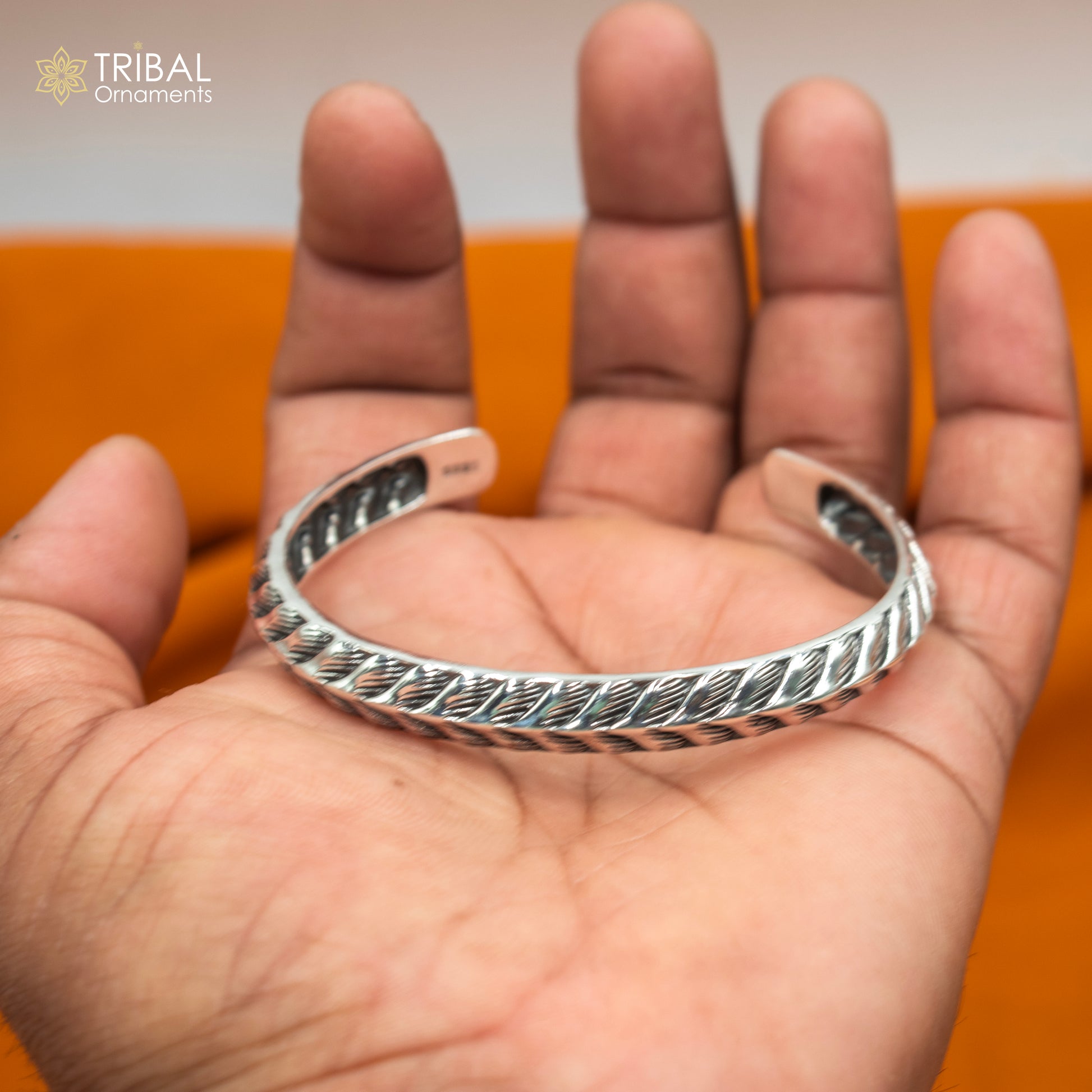 Sterling silver handmade adjustable bangle bracelet, stylish unisex jewelry cuff with intricate tribal design by Tribal Ornaments.