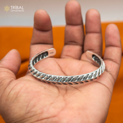 Sterling silver handmade adjustable bangle bracelet, stylish unisex jewelry cuff with intricate tribal design by Tribal Ornaments.