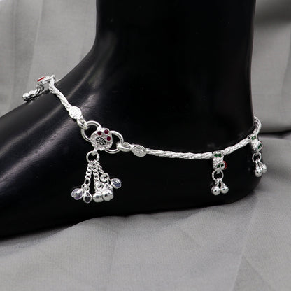 Sterling silver handmade anklet from TRIBAL ORNAMENTS, stylish ethnic ankle bracelet with intricate design for belly dance or gifting.