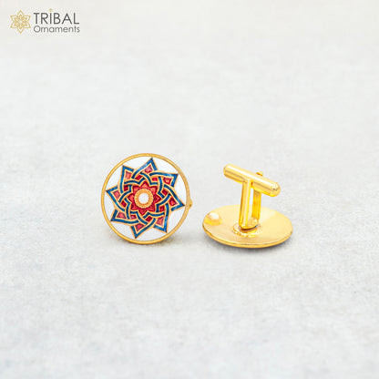 Sterling silver handmade mandala Minakari cufflinks set of 2 with gold polish for men's coat or suit accessories.