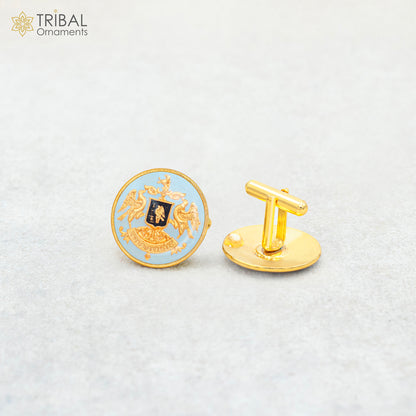 925 Sterling silver handmade cufflinks with stylish Minakari design and gold polish, suitable for men's suits and formal occasions.