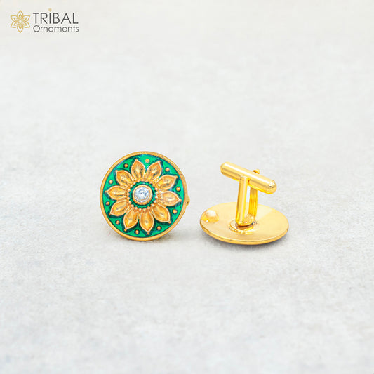 925 Sterling silver handmade stylish minakari flower design gold polished cufflinks set of 2 pc for men's coat or suit, best jewelry for all occasions btn100 - TRIBAL ORNAMENTS