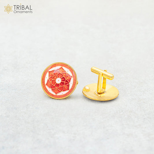 925 Sterling silver handmade stylish minakari mandala design gold polished cufflinks set of 2 pc for men's coat or suit, best jewelry for all occasions btn101 - TRIBAL ORNAMENTS