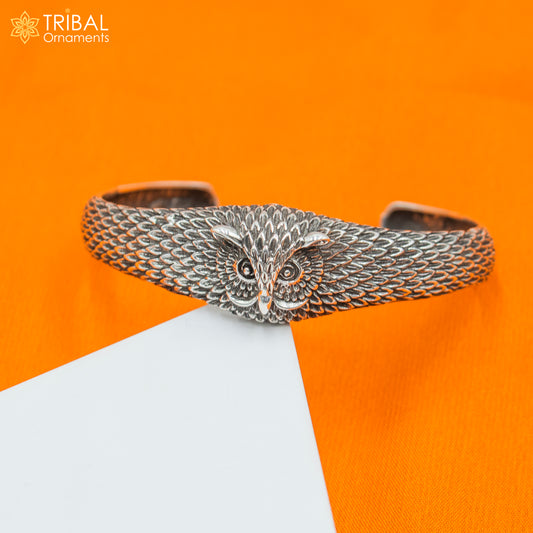 925 sterling silver owl face adjustable bangle bracelet by TRIBAL ORNAMENTS, featuring intricate handcrafted owl design for unisex jewelry.