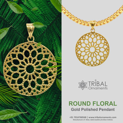 Sterling silver floral pendant with gold polish from TRIBAL ORNAMENTS, featuring a round handmade design, ideal for gifting jewelry.