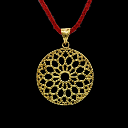 925 sterling silver floral round pendant with gold polish or vermille finish, stylish handmade jewelry from TRIBAL ORNAMENTS.