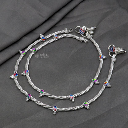 Sterling silver handmade twisted design anklet by TRIBAL ORNAMENTS, stylish ankle bracelet for gifting and belly dance jewelry.