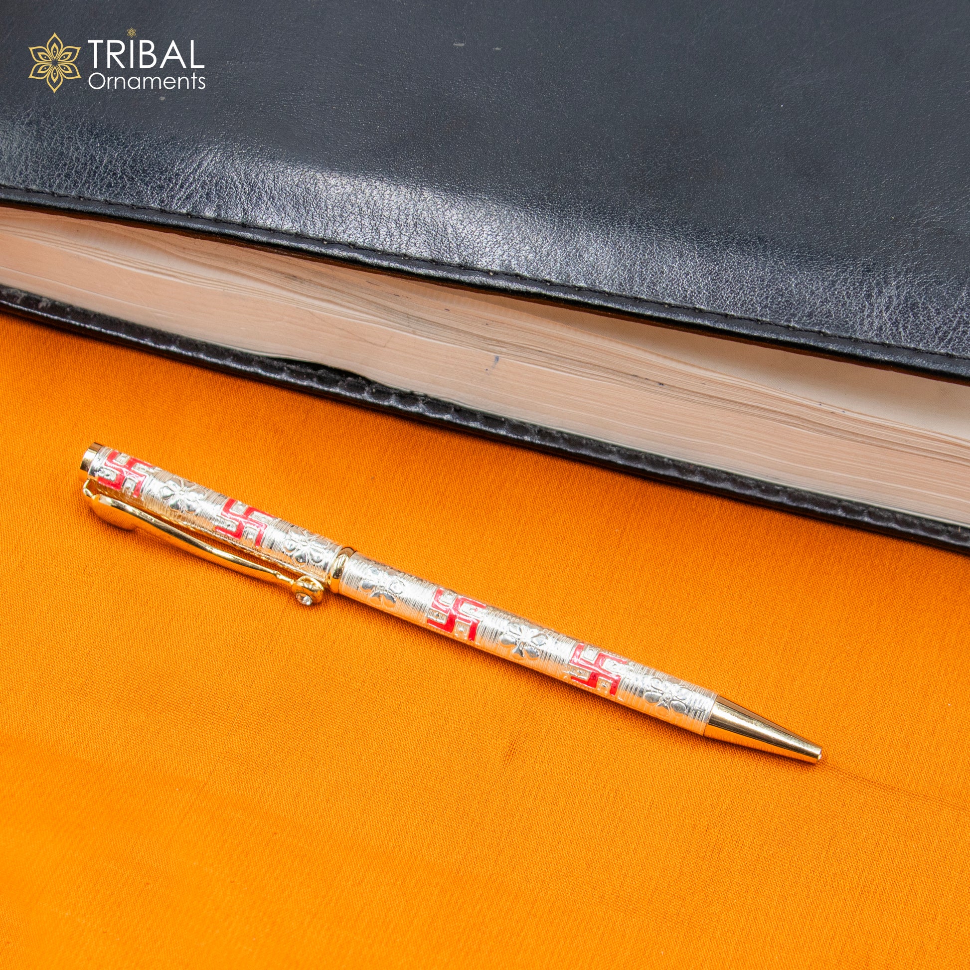 925 Sterling silver handmade swastik design writing ball pen, best silver gifting article from india art807 - TRIBAL ORNAMENTS