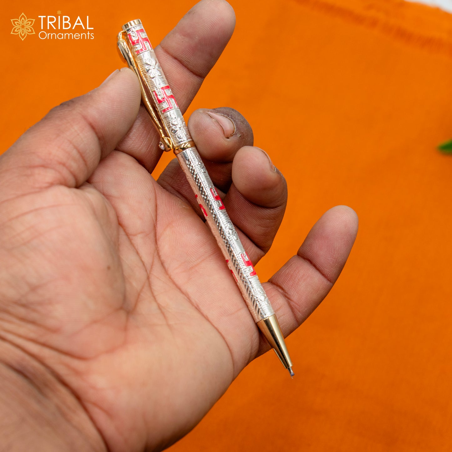 925 Sterling silver handmade swastik design writing ball pen, best silver gifting article from india art807 - TRIBAL ORNAMENTS