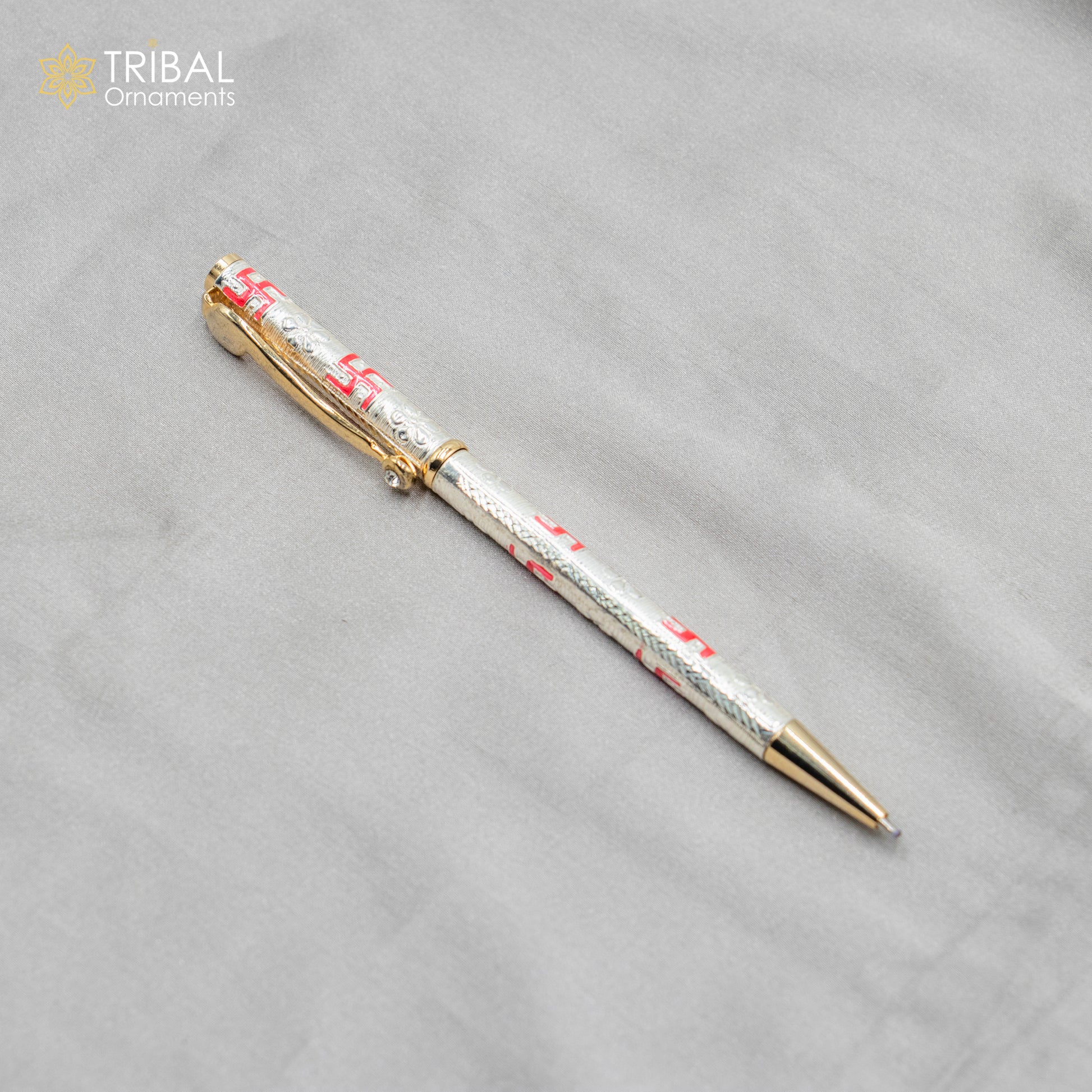 925 Sterling silver handmade swastik design writing ball pen, best silver gifting article from india art807 - TRIBAL ORNAMENTS