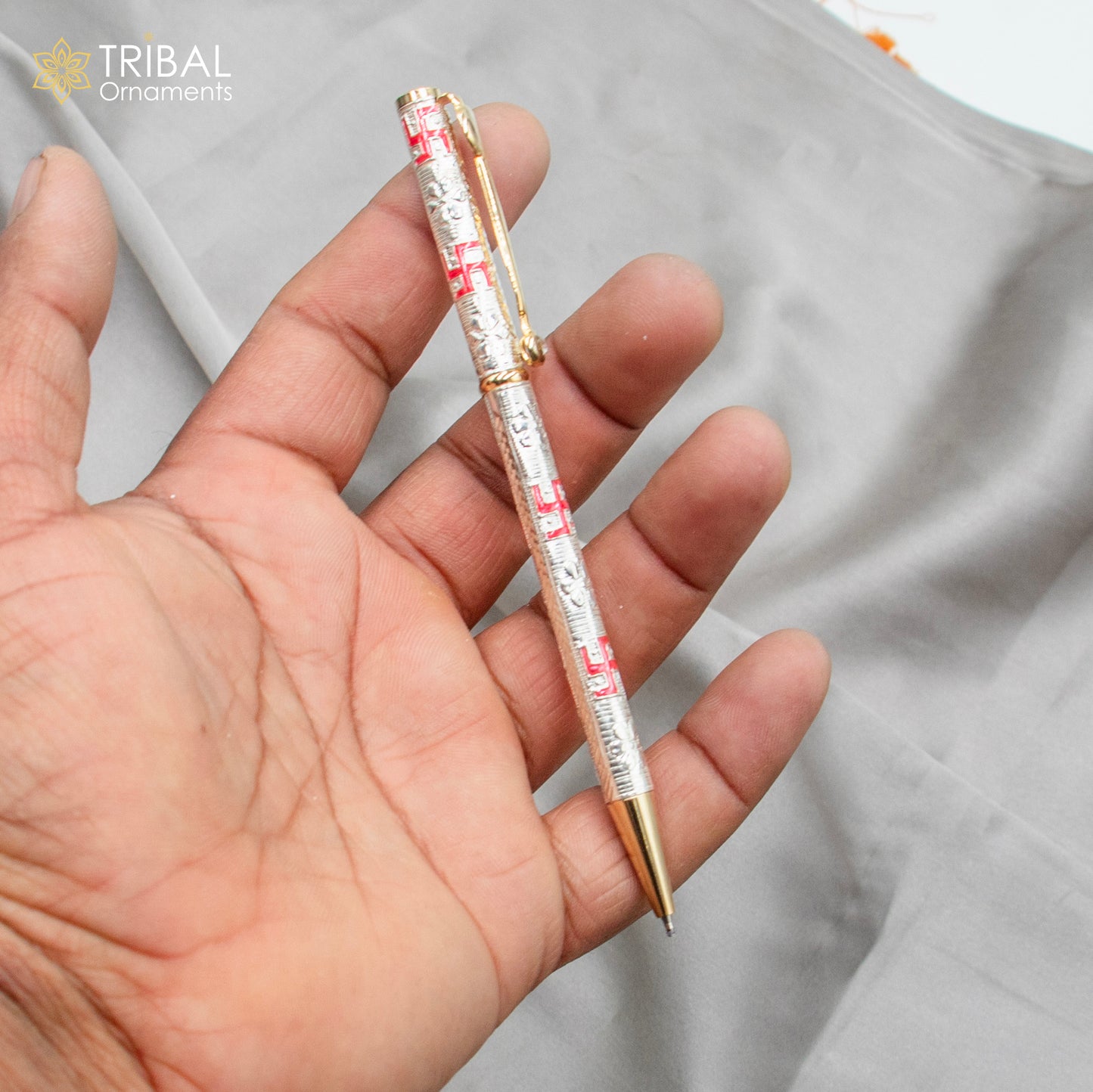 925 Sterling silver handmade swastik design writing ball pen, best silver gifting article from india art807 - TRIBAL ORNAMENTS