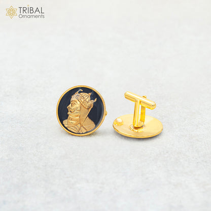 Sterling silver cufflinks set featuring Maharana Pratap design, gold polished finish, ideal for men's coats or suits.