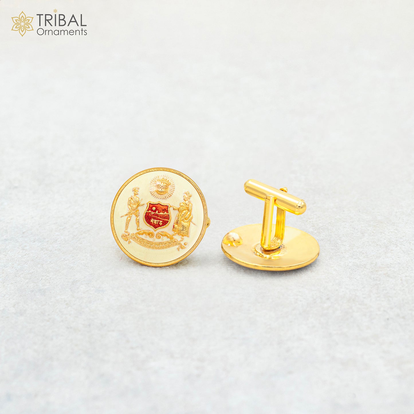 Sterling silver handmade cufflinks with gold polish featuring the Mewar design, suitable for men's coats and suits.