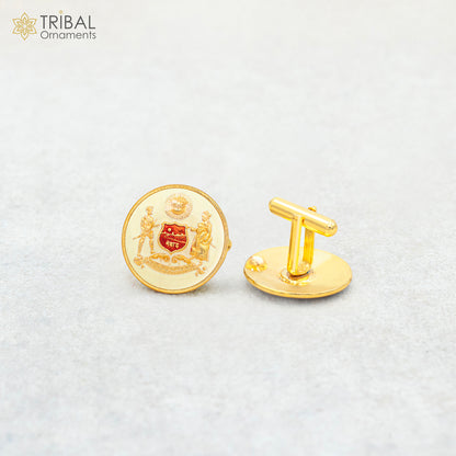 Sterling silver handmade cufflinks with gold polish featuring the Mewar design, suitable for men's coats and suits.