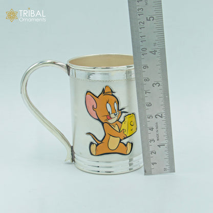 Sterling silver Tom and Jerry cartoon design coffee tumbler, baby food flask, and kids utensils by TRIBAL ORNAMENTS.