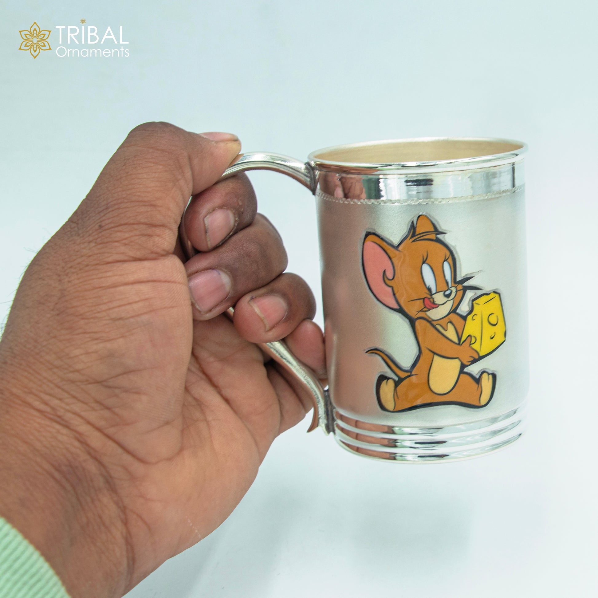 925 sterling silver Tom and Jerry cartoon design coffee cup tumbler with baby food flask and silver kids utensils by Tribal Ornaments.