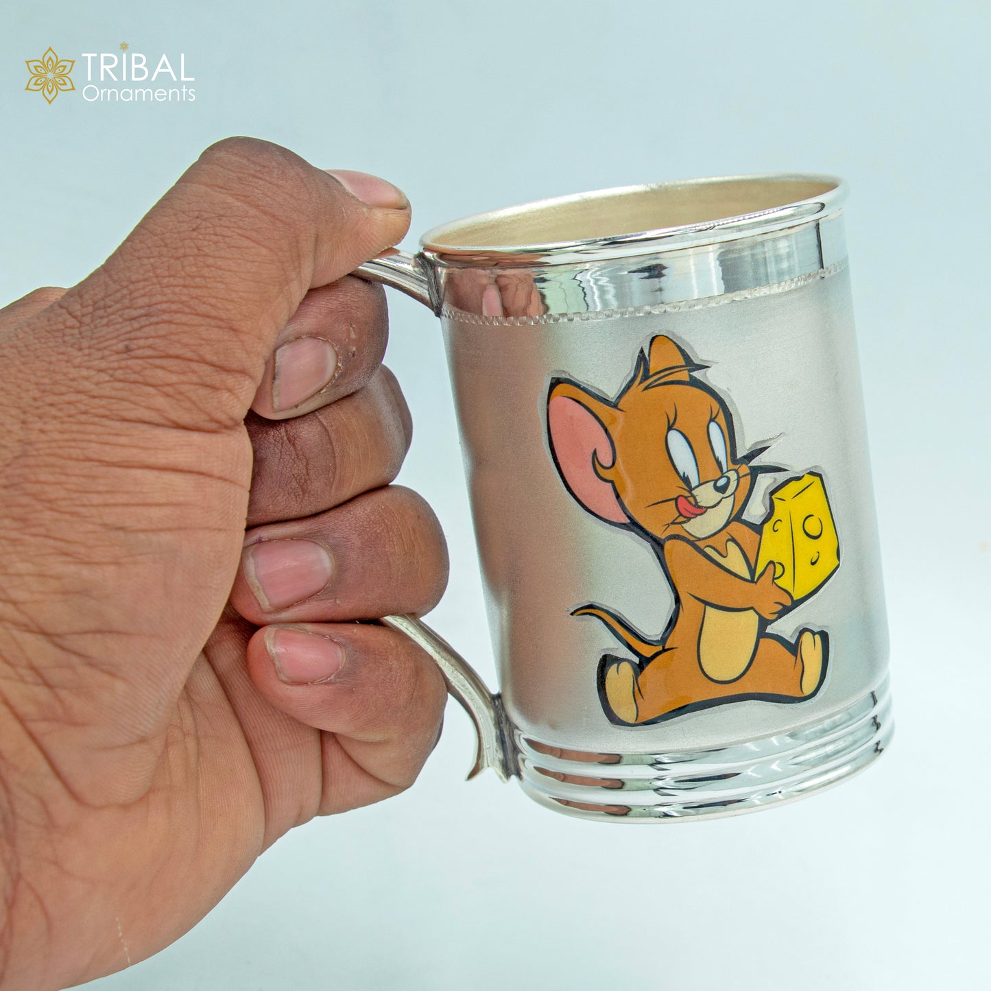 Sterling silver Tom and Jerry cartoon design coffee cup tumbler, handmade silver kids utensils and baby food flask by TRIBAL ORNAMENTS