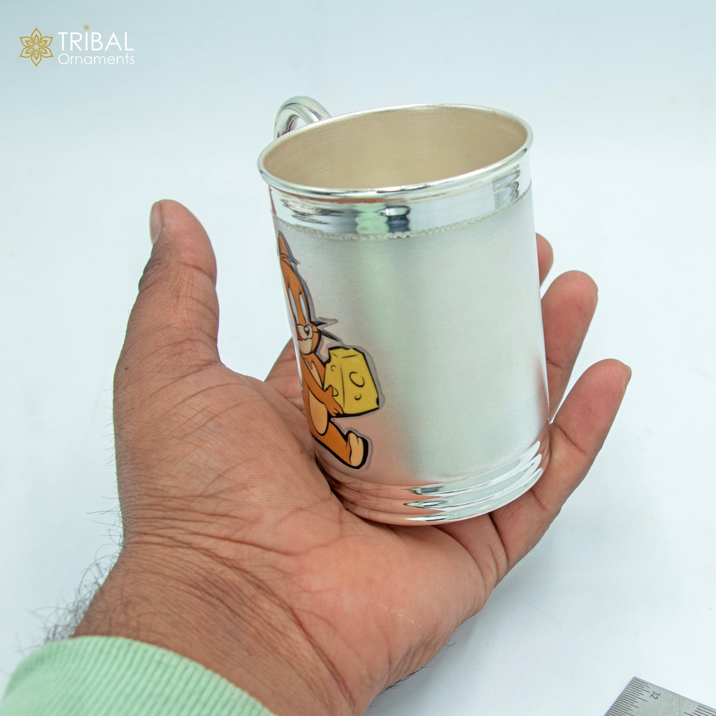 925 sterling silver Tom and Jerry cartoon design coffee cup tumbler, handmade silver baby food flask and kids utensils.