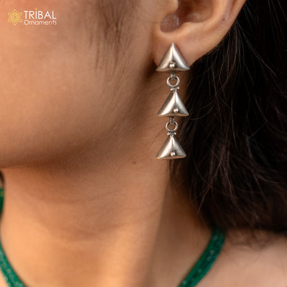 925 Sterling silver handmade traditional cultural design 3 steps drop dangler fancy earrings, best party functional Navratri jewelry s1251 - TRIBAL ORNAMENTS