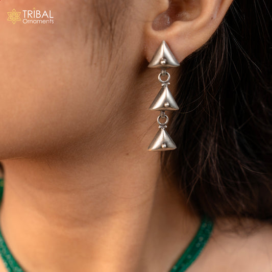 925 Sterling silver handmade traditional cultural design 3 steps drop dangler fancy earrings, best party functional Navratri jewelry s1251 - TRIBAL ORNAMENTS