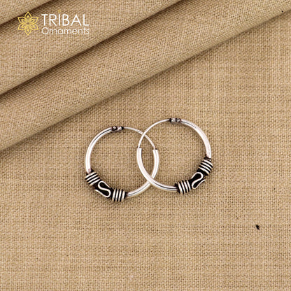 925 Sterling Silver handmade traditional tribal hoops earrings with intricate Bali-inspired ethnic design for women.