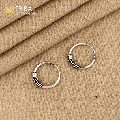 925 Sterling Silver handmade traditional Bali tribal hoops earrings with intricate ethnic design, perfect for cultural jewelry lovers.