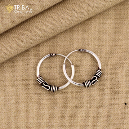 Handmade 925 Sterling Silver Bali tribal hoops earrings with intricate ethnic design, perfect for traditional cultural jewelry.