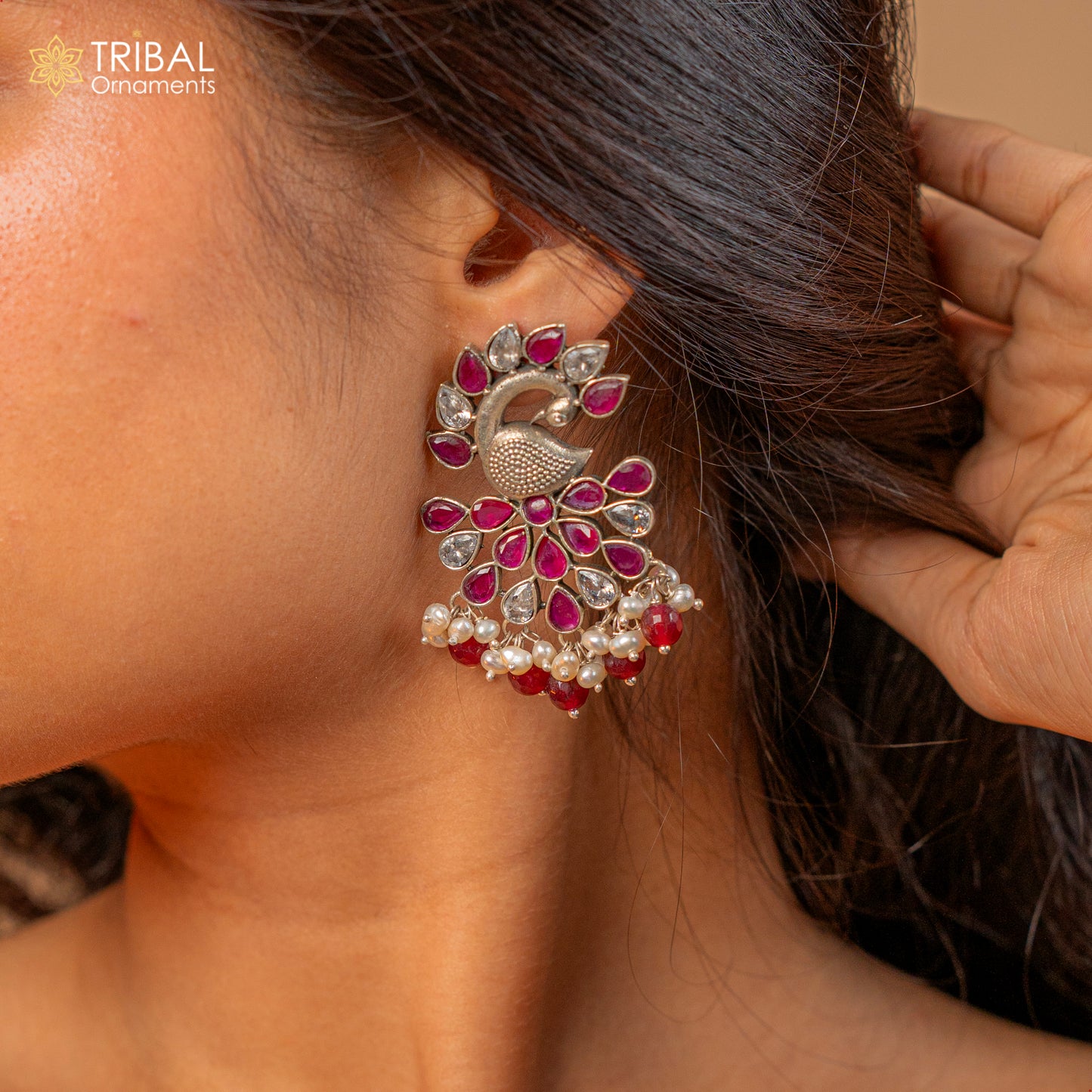 925 sterling silver handmade traditional trendy peacock pendant long beaded necklace, best brides belly dance Guttapusalu necklace set664 - TRIBAL ORNAMENTS