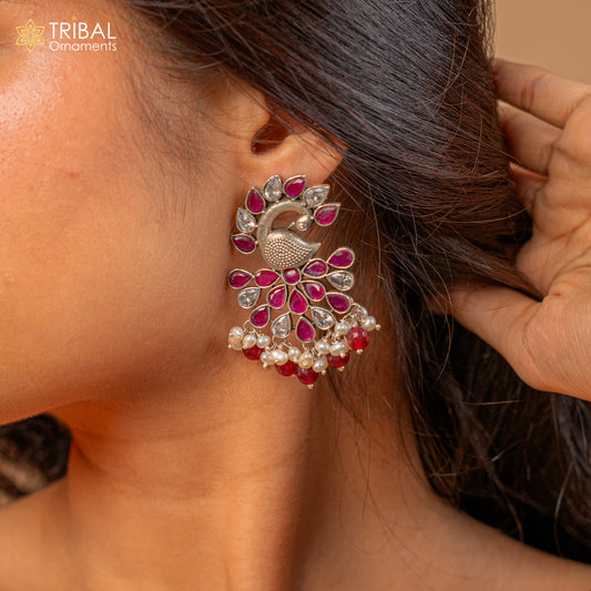 925 sterling silver handmade traditional trendy peacock pendant long beaded necklace, best brides belly dance Guttapusalu necklace set664 - TRIBAL ORNAMENTS