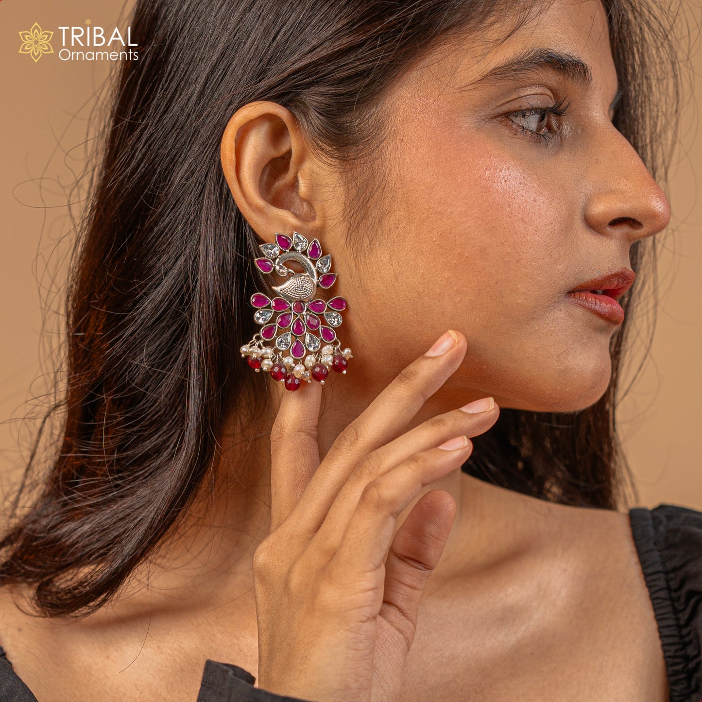 925 sterling silver handmade traditional trendy peacock pendant long beaded necklace, best brides belly dance Guttapusalu necklace set664 - TRIBAL ORNAMENTS