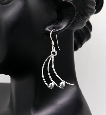 Sterling silver handmade hoop earrings with geometric drop dangles, elegant trendy jewelry by TRIBAL ORNAMENTS