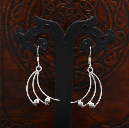 Sterling silver handmade hoop earring with geometric drop dangle design, dainty elegant jewelry by TRIBAL ORNAMENTS.