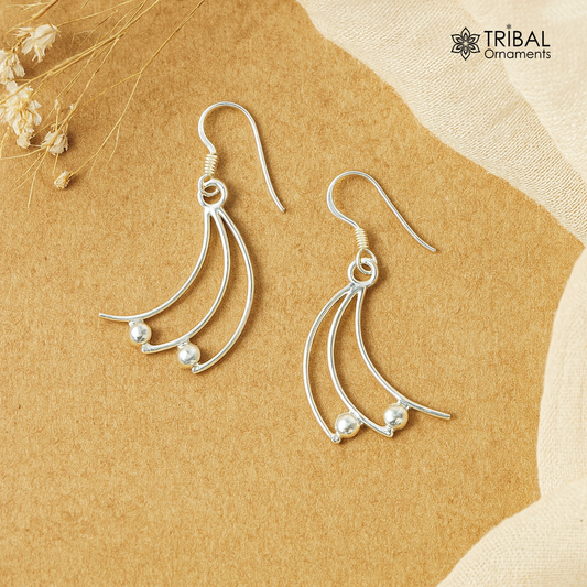 Sterling silver handmade hoop earring with geometric drop design, elegant and trendy jewelry by TRIBAL ORNAMENTS.