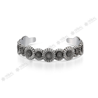 925 sterling silver handmade unique floral design adjustable cuff bangle bracelet, cuff kada unsex gifting jewelry solid silver kada cuff148 - TRIBAL ORNAMENTS