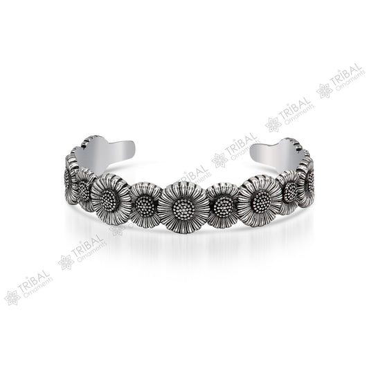 925 sterling silver handmade unique floral design adjustable cuff bangle bracelet, cuff kada unsex gifting jewelry solid silver kada cuff148 - TRIBAL ORNAMENTS