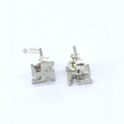 Sterling silver handmade geometrical stud earring by TRIBAL ORNAMENTS, unisex stylish jewelry with unique design.