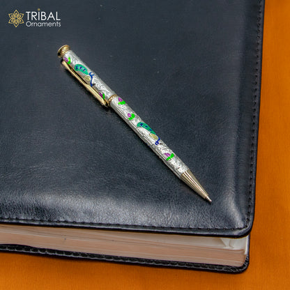 925 Sterling silver handmade peacock design writing ball pen by TRIBAL ORNAMENTS, showcasing intricate silver craftsmanship.