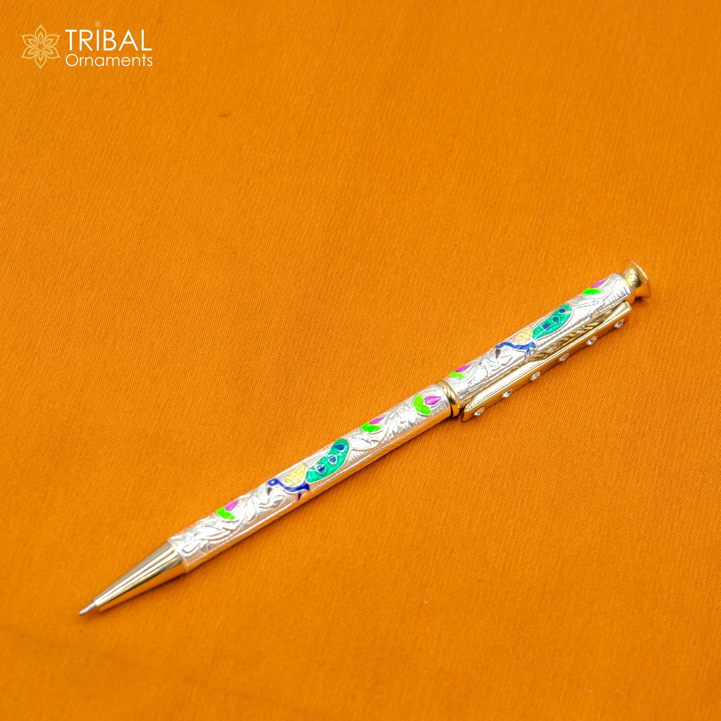 925 Sterling silver handmade unique peacock design writing ball pen, best silver gifting article from india art805 - TRIBAL ORNAMENTS