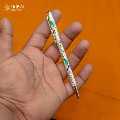 925 Sterling silver handmade peacock design writing ball pen by TRIBAL ORNAMENTS, featuring intricate silver craftsmanship.
