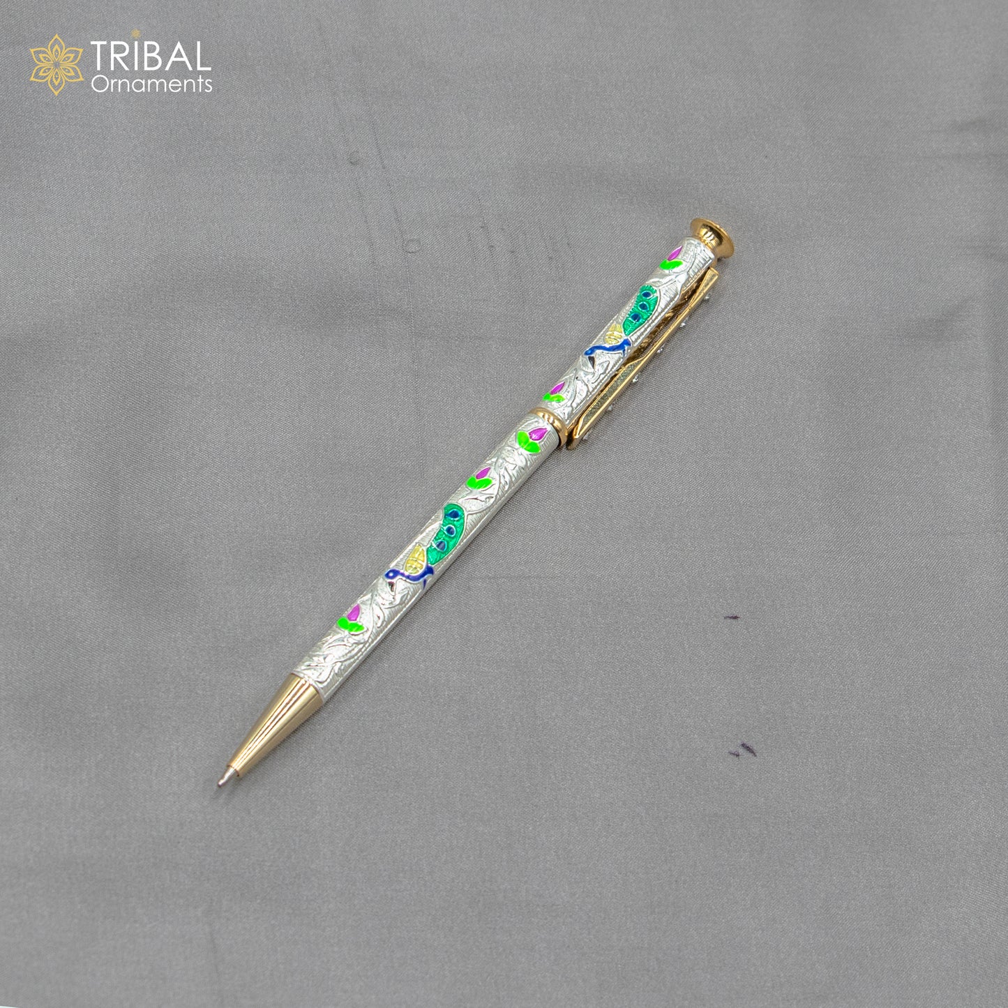 925 Sterling silver handmade unique peacock design writing ball pen, best silver gifting article from india art805 - TRIBAL ORNAMENTS