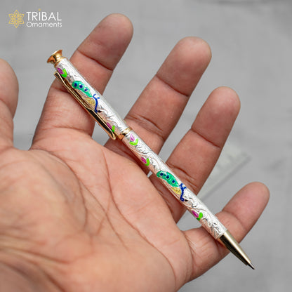 925 Sterling silver handmade peacock design writing ball pen by TRIBAL ORNAMENTS, featuring intricate silver craftsmanship.