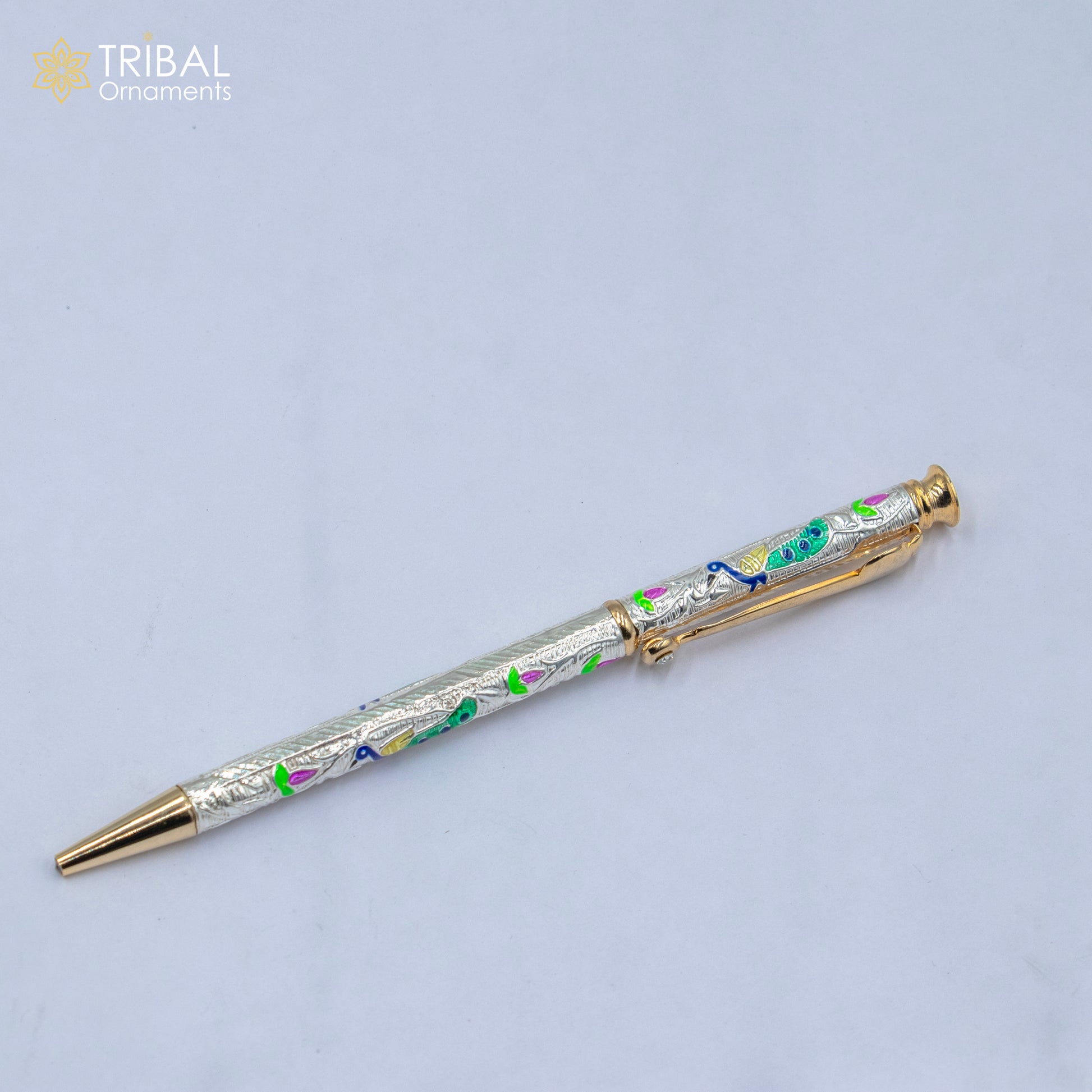 925 Sterling silver handmade unique peacock design writing ball pen, best silver gifting article from india art806 - TRIBAL ORNAMENTS