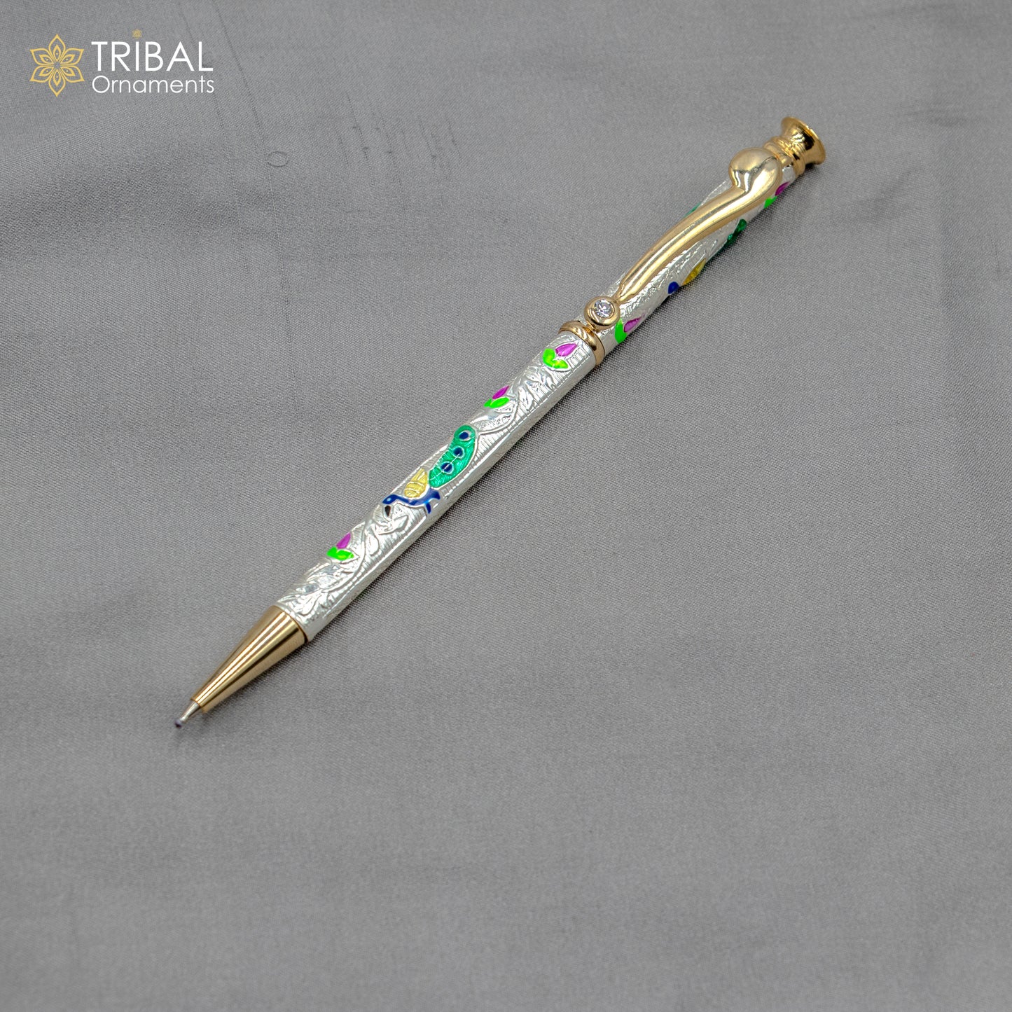 925 Sterling silver handmade unique peacock design writing ball pen, best silver gifting article from india art806 - TRIBAL ORNAMENTS