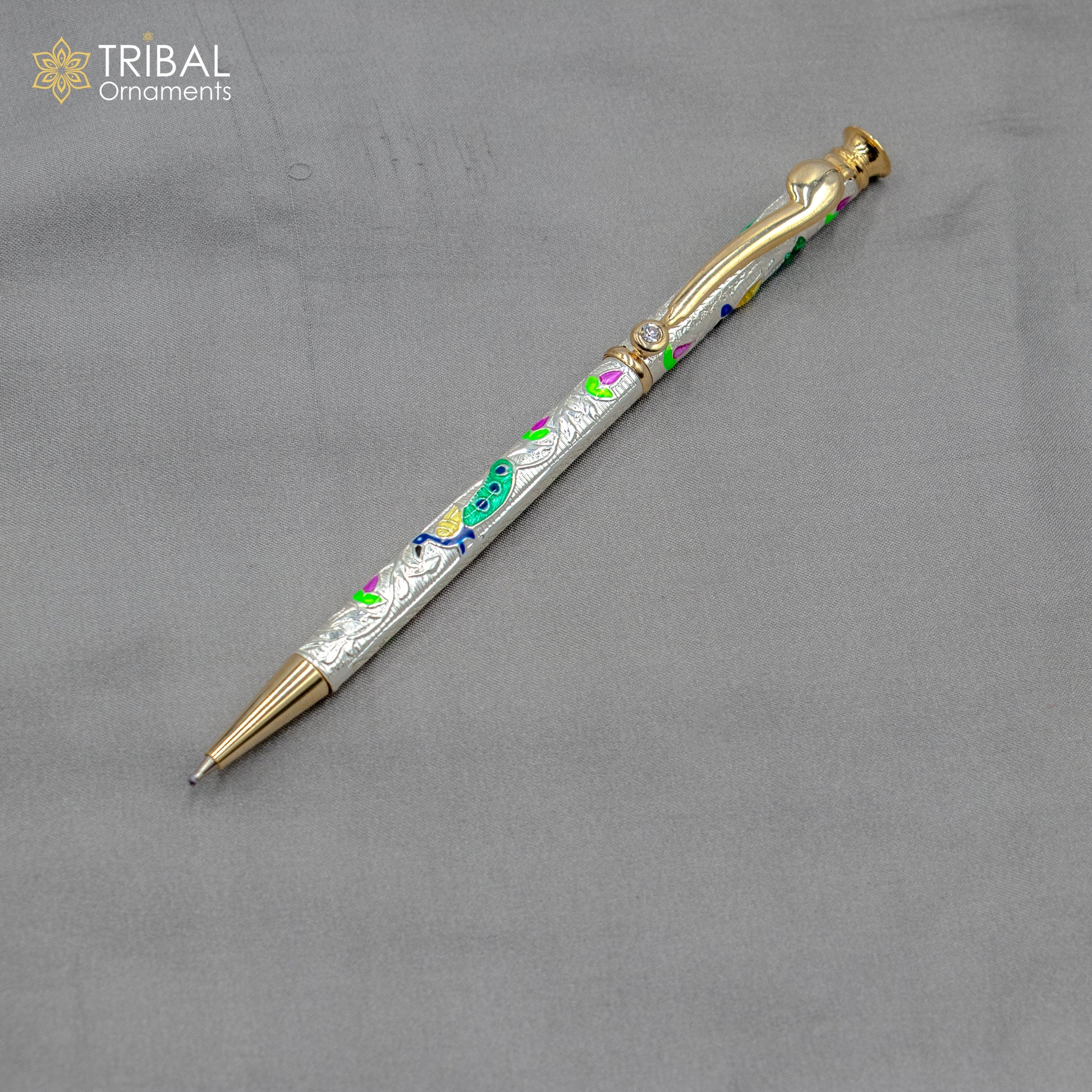 925 Sterling silver handmade unique peacock design writing ball pen, best silver gifting article from india art806 - TRIBAL ORNAMENTS